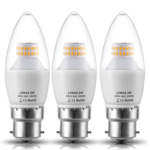 LOHAS® C37 6W B22 LED Candle Bulbs Bayonetr, 60W Incandescent Bulb Equivalent, 550lm, Warm White 3000K, Non Dimmable, LED Bayonet Bulb, Candles Light Bulbs, 220-240V AC, Pack of 3 Units