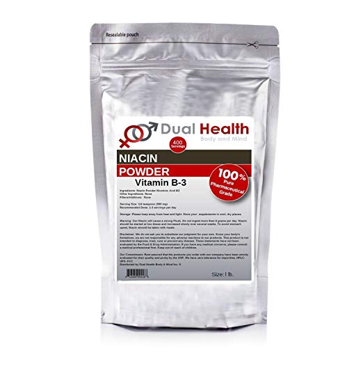 1 lb. Niacin Nicotinic Acid Powder (454g) Vitamin B3 Lower Cholesterol Heart Health Pharmaceutical Micronized USP & FCC Food Grade By Dual Health