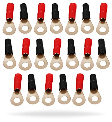 InstallGear 8 Gauge AWG Crimp Ring Terminals Connectors - 20-Pack (10 Positive, 10 Negative)