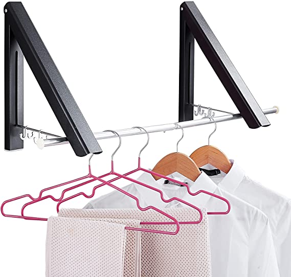 Dr.DJ Retractable Clothes Rack-Laundry Room Drying Rack Wall Mounted Clothes Hanger Foldable, Wall Mount, Folding Clohes Wall Hanger Home Storage Organizer, Aluminium, 2 Racks with Rod (Black)