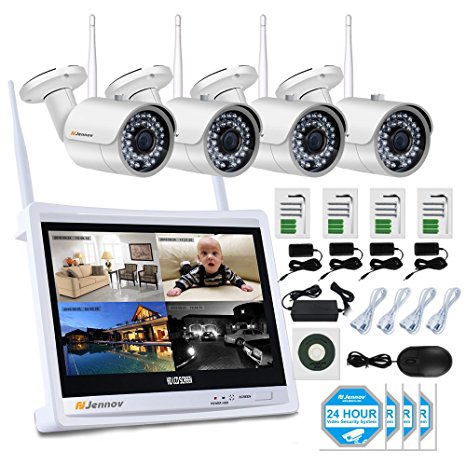Jennov 4 Channel CCTV Wireless WiFi IP Security Camera System 12" LCD HD Monitor 1080P NVR Kit 960P Bullet Cameras Home Outdoor Indoor Video Surveillance Mobile Phone Remote View (No Hard Drive)