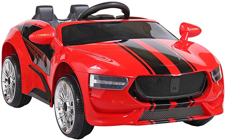 JAXPETY 6V Kids Ride On Car Battery Powered Electric Sports Car w/ MP3, LED Lights, Remote Control, Red &Black Stripes