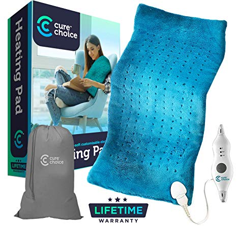 Cure Choice Large Electric Heating Pad for Back Pain Relief   Carrying Storage Pouch, Ultra soft 12"x24" heating pad for Muscle Cramps – Heated Pad with Adjustable Temperature Settings, Safe Auto Shut