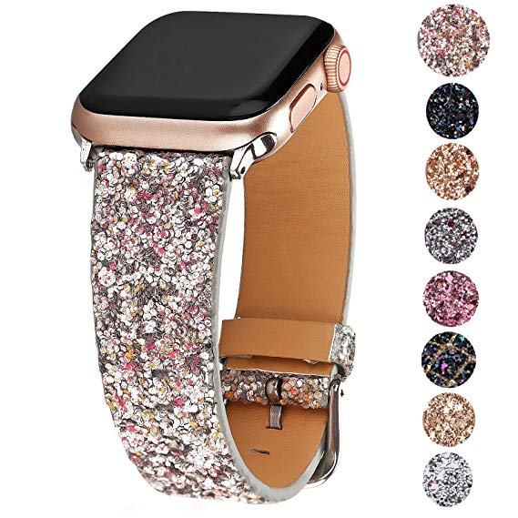 Greaciary Glitter Bling Band Compatible for iWatch Band 38mm 40mm 42mm 44mm,Leather Luxury Shiny Sparkle Strap Wristbands Women Replacement for iWatch Series 4/3/2/1