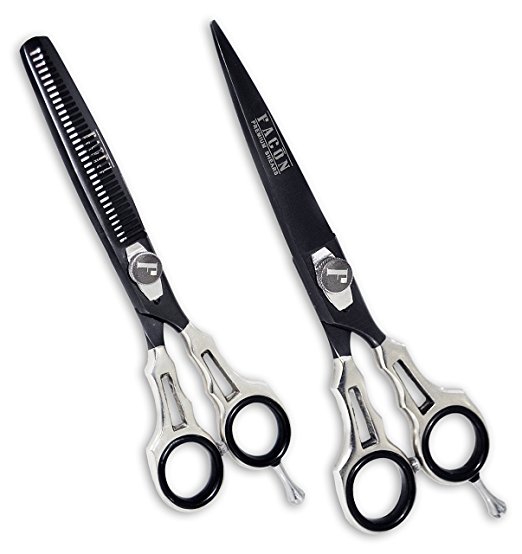 Facón Professional Razor Edge Barber Hair Cutting/Thinning Scissors/Shears Set - 6.5" Overall Length w/ Tension Screw - Japanese Stainless Steel - Black and Silver Limited Edition - Leather Gift Case