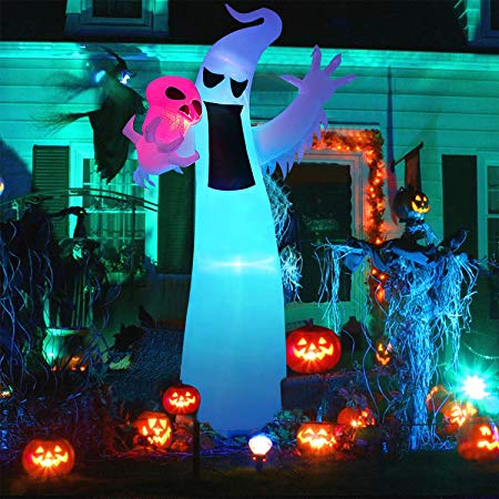 12 Ft Halloween Inflatables Ghost with Skull Blow Up Party Decorations with Color Changing LEDs for Halloween Party Indoor, Outdoor, Yard, Garden, Lawn Decorations