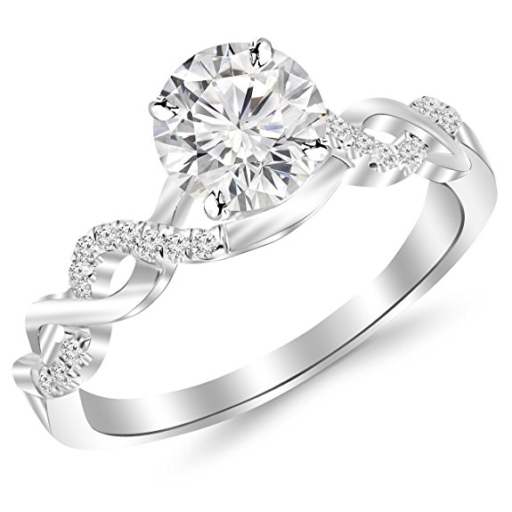 0.63 Carat Twisting Infinity Gold and Diamond Split Shank Pave Set Diamond Engagement Ring 14K White Gold with a 0.5 Carat Round Cut Moissanite (Heirloom Quality)