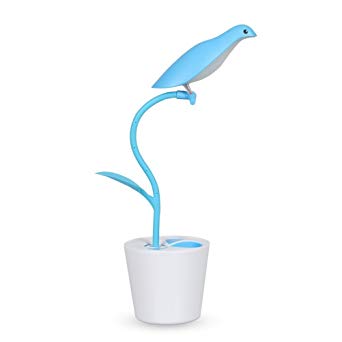 LED Desk Lamp,WONFAST Cute Free Bird Eye-Care Mini USB Rechargeable LED Desk Lights Dimmable Flexible Neck with Sapling Pencil Container Design Touch-sensitive Table Lamp for Work Study Office ( Blue)
