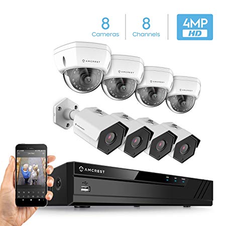 Amcrest 4MP Security Camera System, w/ 4K 8CH PoE NVR, (8) x 4-Megapixel 3.6mm Wide Angle Lens Weatherproof Metal Bullet & Dome POE IP Cameras, NV4108E-HS-IP4M-1026EW4-IP4M-1028EW4 (White)