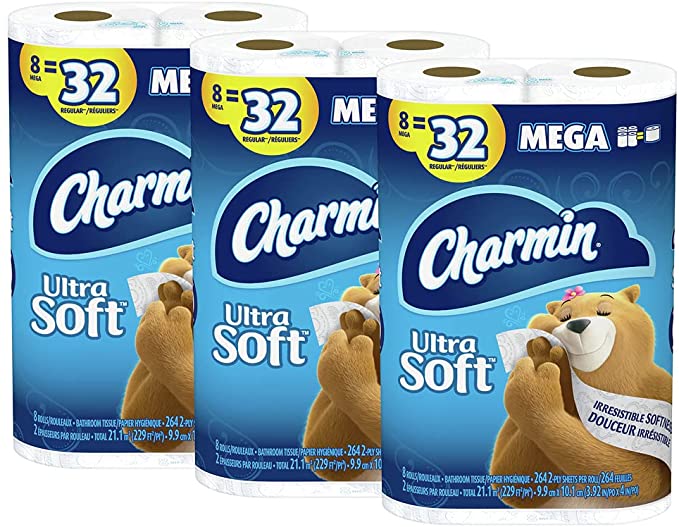 Charmin Ultra Soft Toilet Paper, 24 Mega Roll Bath Tissue, 3 Packs of 8 Mega Rolls, 264 Sheets Per Roll