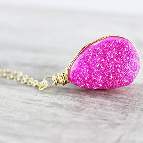 Hot Pink Wire Wrapped Druzy Gold Necklace - 16" Length