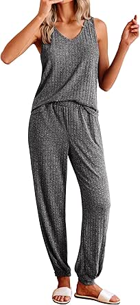 Ekouaer Women's Pajamas Sleeveless Summer Lounge Set Ribbed Knit Pj Loungewear Tank Top with Jogger Pants