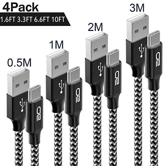 USB Type C Cable,QGhappy 4 Pack(1.6FT 3.3FT 6.6FT 10FT) USB C 2.0 Fast Charger 3A Cable Nylon Braided Fast Charging and Sync Cord Compatible Samsung Galaxy S9 S8 Plus Note 9 8,LG V30 V20 G6.