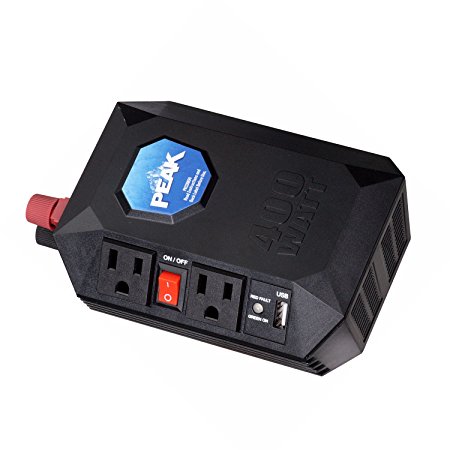 Peak Mobile Power Inverter with 2 AC Outlets, 1 USB, 400 Watt, 110/120 Volt, Battery or 12V Hookup