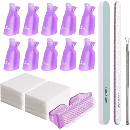 VASLON Nail Gel Remover Tools Kit with Pink Polish Remover Clips, Cuticle Peeler Scraper, Gel Nail Brush, 100 Pack Nail Wipe Cotton Pads, Nail File Grits 120/180 Buffer Block Grits 400/4000 (Purple)