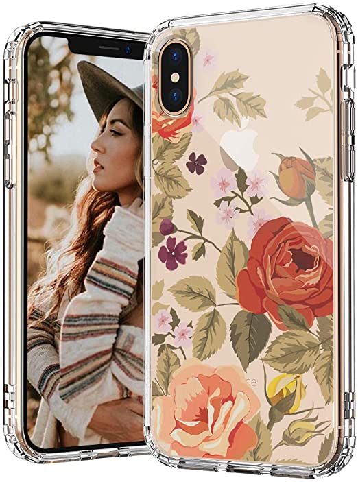 MOSNOVO iPhone Xs Max Case, Vintage Roses Floral Flower Pattern Printed Clear Design Transparent Plastic Hard Back Case with TPU Bumper Protective Case Cover for iPhone Xs Max