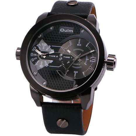 OULM Men's Classic Fashion Quartz Wrist Watch Leather Strap Dual Time Display Unique Design Anti Scratch Cool Black   Box