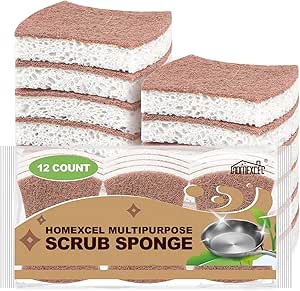 HOMEXCEL Natural Scrub Sponges Kitchen 12 Pack, Non-Scratch Cleaning Sponges for Dishes, Cellulose Sponges Safe on Non-Stick Cookware, Dual Sided Dish Sponge for Washing Dishes, Kitchen and Household