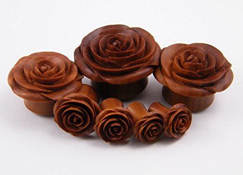 Rose Flower Ear Gauge Plugs - (6g) - Sawo / Sabo Wood