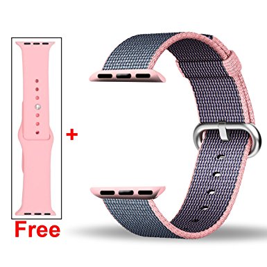 Free Silicone Band,Inteny Apple Watch Band Series 1 Series 2 Colorful Pattern Woven Nylon Band Replacement Wrist Bracelet Strap Buckle for iWatch,42mm,Light Pink&Midnight Blue