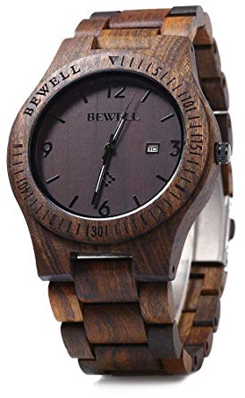 Bewell ZS-W086B Mens Wooden Watch Lightweight Date Display Analog Quartz Movement Wristwatches