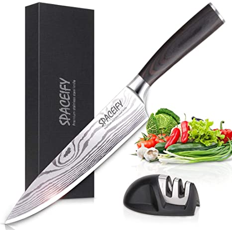Chef Knife, SPACEIFY 8 Inch Kitchen Knife with Knife Sharpener, Stainless Steel German Utility Knife Set with Ergonomic Handle, Kitchen Knives for Professional Cooking