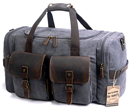 SUVOM Canvas Holdall Weekend Bag Overnight Bag Leather Travel Duffle Bag Carry On Luggage