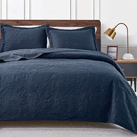 Love's cabin King Size Quilt Set Blue Bedspreads - Soft Bed Summer Quilt Lightweight Microfiber Bedspread- Modern Style Flowers Pattern Coverlet for All Season - 3 Piece (1 Quilt, 2 Pillow Shams)