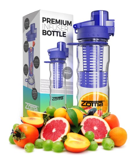 25oz Fruit Infuser Water Bottle - Leak Free Locking Cap - BPA Free Tritan Plastic - Sport Spout for Easy Drinking - Carrying Loop and Finger Grips for Easy Transport - Instructions and Recipes Included in Box