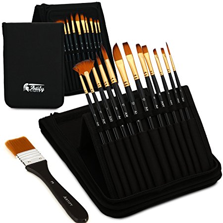 Artify 13 Pcs Paint Brush Set| Pop-up Stand Carrying All in One Case with Free Palette Knife and Sponge| Perfect for Acrylic Oil Watercolor and Gouache