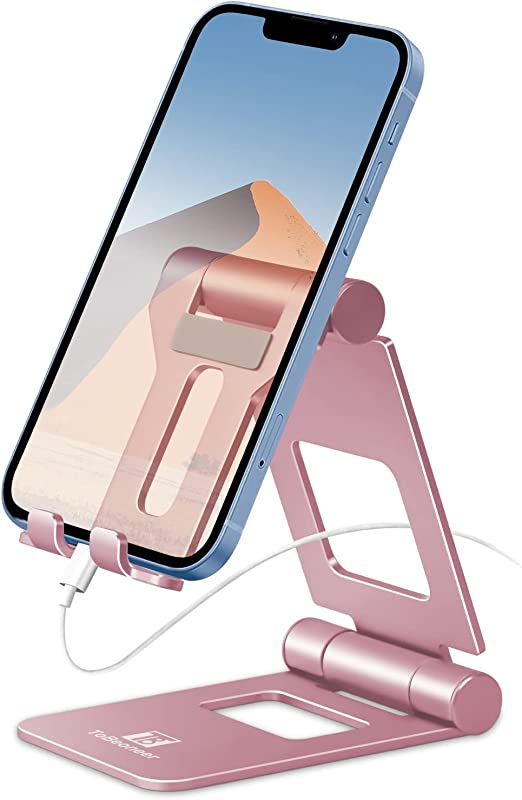 Adjustable Cell Phone Holder, ToBeoneer Tablet Stand, Foldable Charging Dock for iPhone 13 pro 12 11 XR XS 8 7 6 6S Plus iPad Kindle fire HD (Rose Gold)