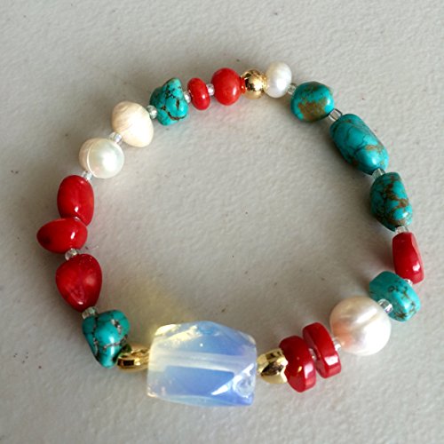 7.4" Opal, Coral, Turquoise and Pearl Bracelet. Genuine Gemstones. Prosperity, Energy and Happiness Bracelet. Stretch Bracelet.