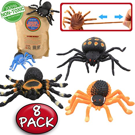 Spider Toy,5 inch Realistic Black Rubber Spiders Toys Set(8 Pack),Food Grade Material TPR Super Stretchy,ValeforToy Creepy Halloween Decoration Party Favors Gag Novelty Practical Jokes Black Widow