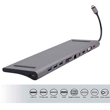 USB C Dock,Docking Station Aluminum Multi-Function 11 in 1 Hub MacBook Pro, Mini DisplayPort,Gigabit Ethernet,3 USB Ports,SD Card, Headphone/Speaker Connections,HDMI/VGA/SD/TF/RJ45/USB-C Converter