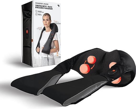 Sharper Image Shiatsu Neck   Back Kneading Massager, Rotating Massage Nodes with Arm Straps for Pain & Tension Relief, Improve Relaxation & Circulation, Reduce Stress