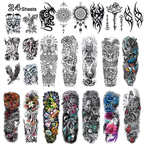 Kotbs 24 Sheets Full Arm Temporary Tattoo, Large Arm Sleeve Tattoo Waterproof Temporary Tattoos for Women Men Body Art Tattoo Sticker Fake Tattoo