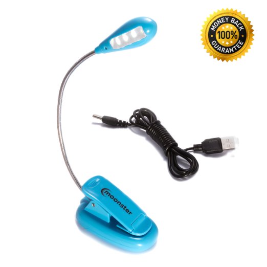 Book Light Clip On Reading Bed Lamp, Battery and USB Operated, FREE 78 inch USB Cable, Flexible Gooseneck, 4 LED Energy Saving Lights with 2 Brightness Levels (BLUE)