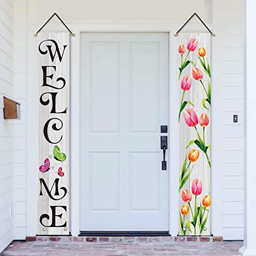 AVOIN Spring Welcome Tulip Wood Porch Sign, Butterfly Holiday Hanging Banner Flag for Yard Indoor Outdoor Party 12 x 72 Inch