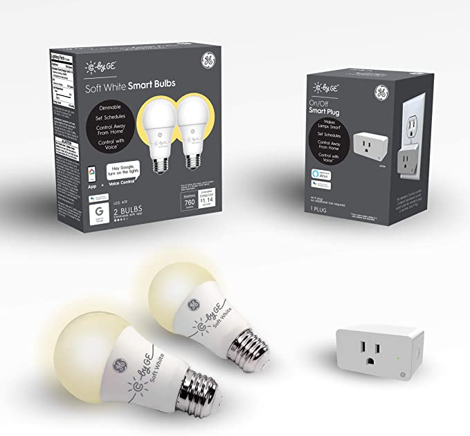 C by GE Smart Bundle Pack with 2 Smart Bulb and Smart Plug (2 LED A19 Soft White Bulbs   On/Off Smart Plug), Works with Alexa and Google Assistant, WiFi Enabled