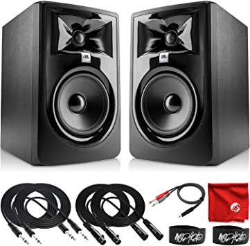 JBL Professional 305P MkII Next-Generation 5-Inch 2-Way Powered Studio Monitor Pair Bundle with 2x 10-Foot TRS Cable, 2x 10-Foot XLR Cable, Dual 1/4" Stereo to 3.5mm, 2x Ties and Microfiber Cloth