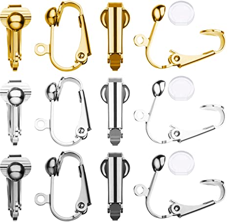 30 Pieces Clip-on Earring Converters Non-pierced Earring Findings Dangle Earring Clips with Easy Open Loop and Silicone Earring Pads for Daily Accessory, 3 Colors (Style A)