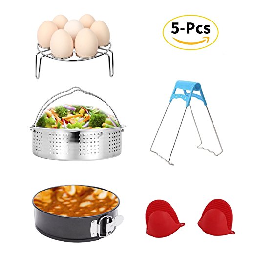 Instant Pot Accessories Set with Steamer Basket/Egg Steamer Rack/Non-stick Springform Pan/Steaming Stand/1 Pair Silicone Cooking Pot Mitts 5 Pieces-Fits 5,6,8Qt Instant pot Pressure Cooker