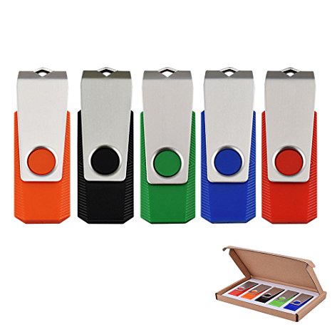 JUANW 5 Pieces 4GB USB 2.0 Flash Drive Swivel Design Thumb Drive Colorful Memory Stick (5 Mixed Colors: Black Blue Green Orange Red)