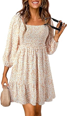 Dokotoo Womens Spring Summer Dresses Boho Floral Square Neck Smocked 3/4 Sleeve Casual A-Line Swing Mini Babydoll Dress