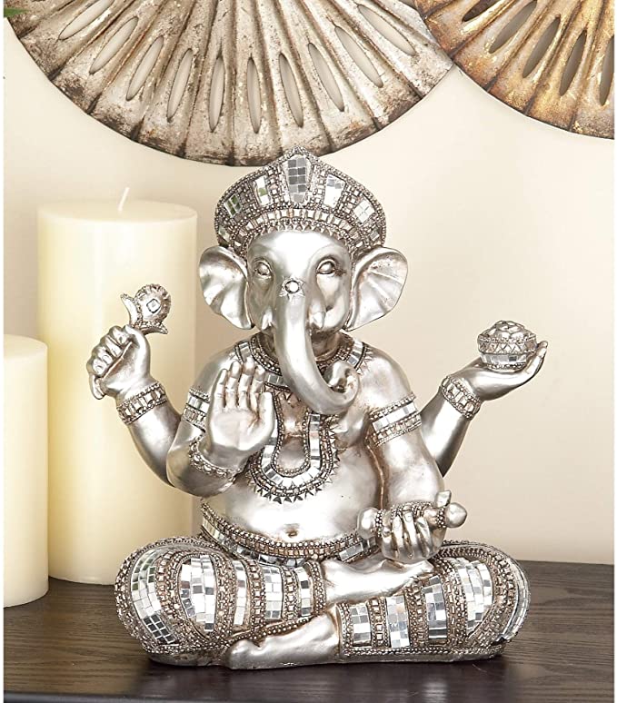 Silver Ganesha Shelf Statue Multi Color Bohemian Eclectic Acacia Brushed