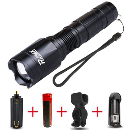 RUIMX Tactical IPX6 Waterproof T6 LED Flashlight with 5 Modes, Zoomable Focus and Bike Mount (2000LM, 1*18650 Battery Included)