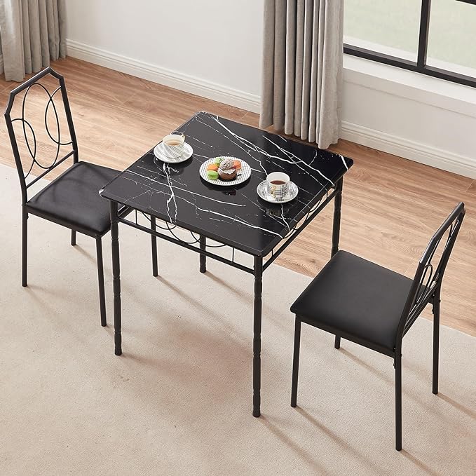 VECELO 3 Pieces Sets,43.3" Table&Chairs for 2,Industrial Counter Height Tabletop with Bar Stools, Rectangle Breakfast Table and Chairs for Dining, Living Room, Apartment, Black