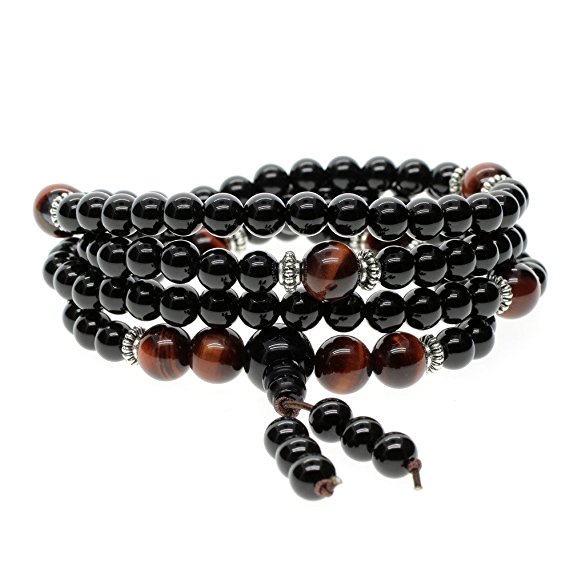 AmorWing Buddhist 108 Prayer 6mm Onyx Beads & 8mm Tiger Eye Beads Mala Bracelet/Necklace