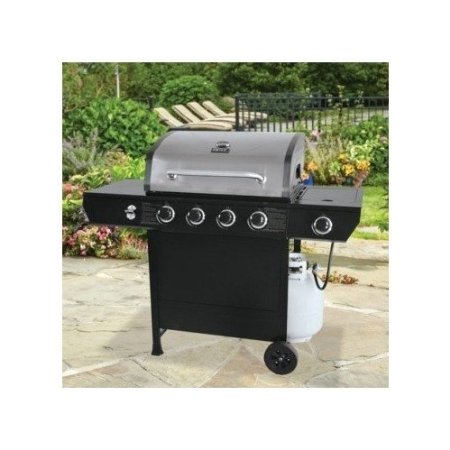 Backyard Portable Barbecue with 4-Burner Propane Gas Grill in Black and Cast Iron Cooking Grids