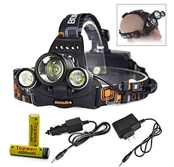 Topwell® 5000Lm 3 Cree XML T6 LED Rechargeable Headlamp Headlight Torch Light Work Lights Headlamps with 2Pcs 3.7V 18650 4000mah Rechargeable Battery AC Charger and Car charger (Flat head)